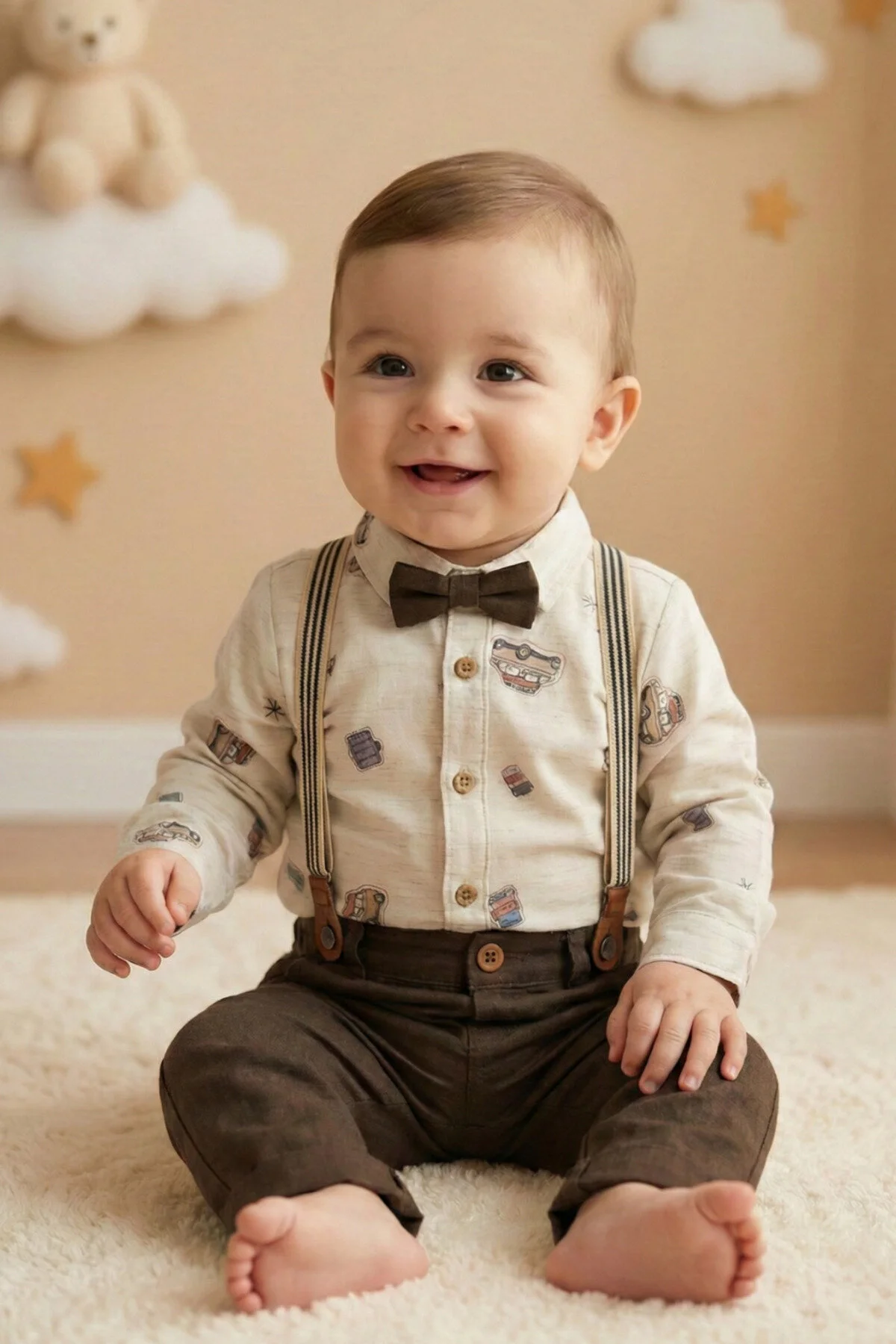 Erkek Bebek ve Çocuk Lacivert “Little Man” Desenli Papyonlu ve Askılı 4’lü Takım (6 Ay – 5 Yaş)