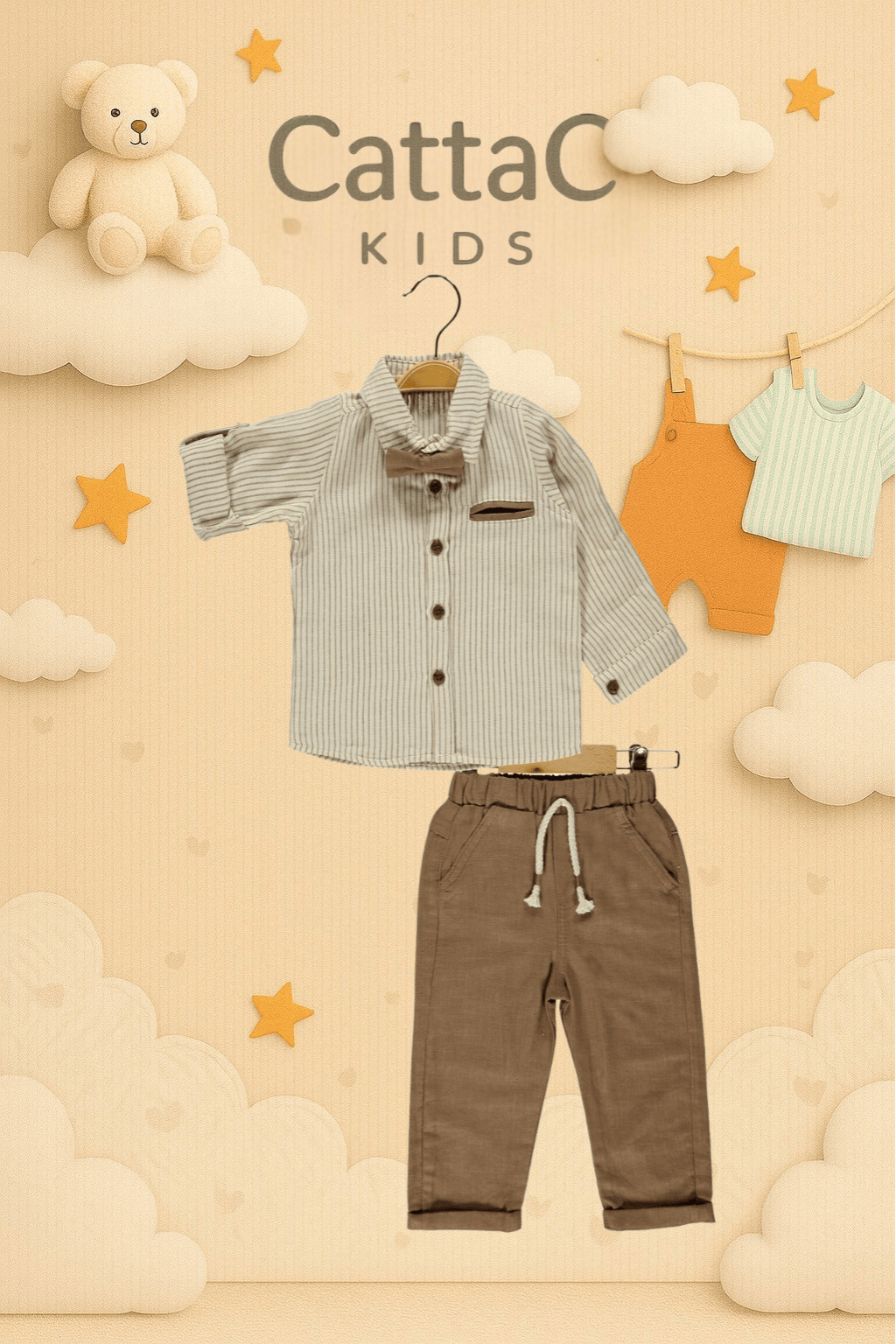 CattacKids %100 Pamuk Çizgili Bej-Gri Erkek Çocuk 3’lü Kombin Seti — 2-5 Yaş, rahat kesim, nefes alan kumaş