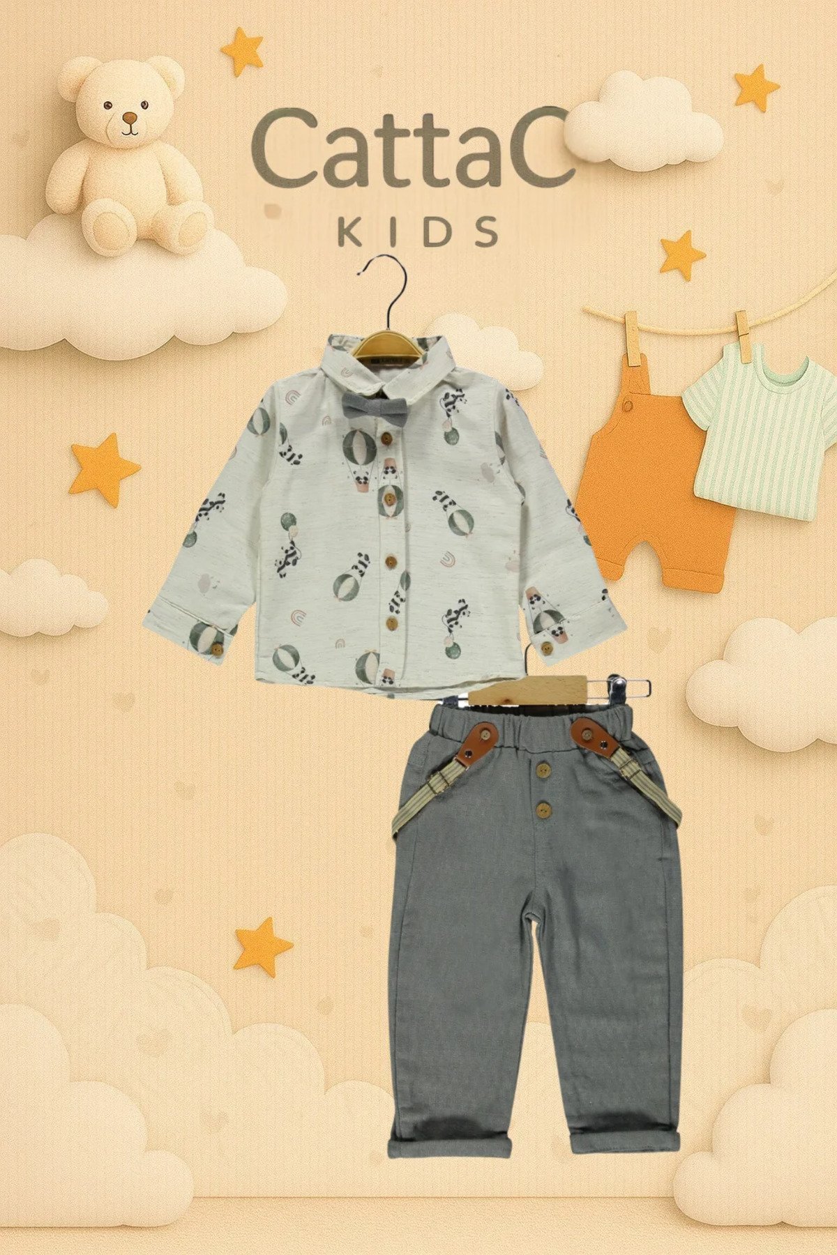 Cattac Kids | Erkek Bebek ve Çocuk Gri Panda ve Balon Desenli Papyonlu ve Askılı 4'lü Takım (6-24 Ay) | %100 Pamuk - Görsel 2