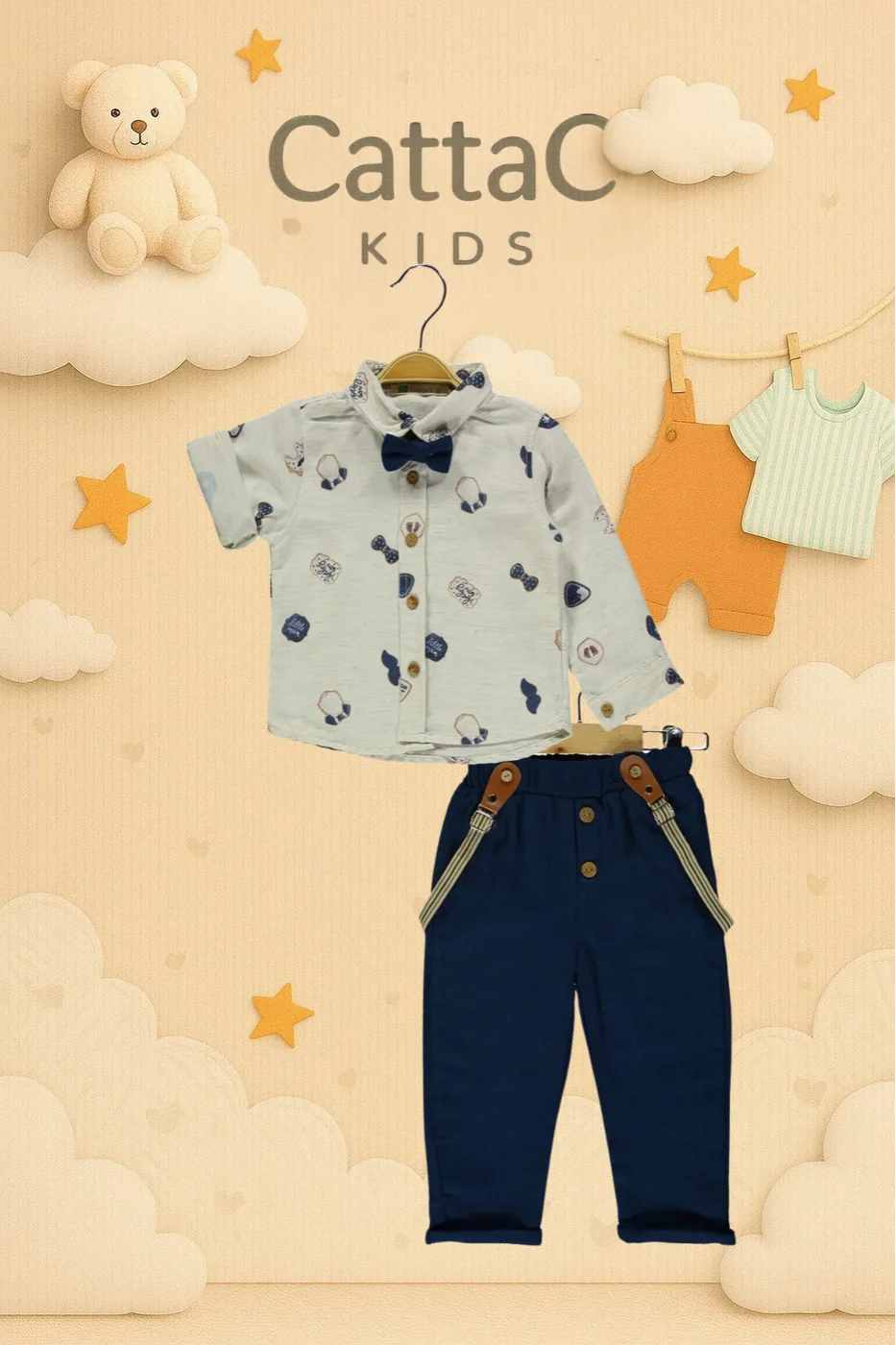 Cattac Kids Erkek Çocuk Şık Kombin Set - Papyonlu Gömlek ve Askılı Pantolon | %100 Pamuk
