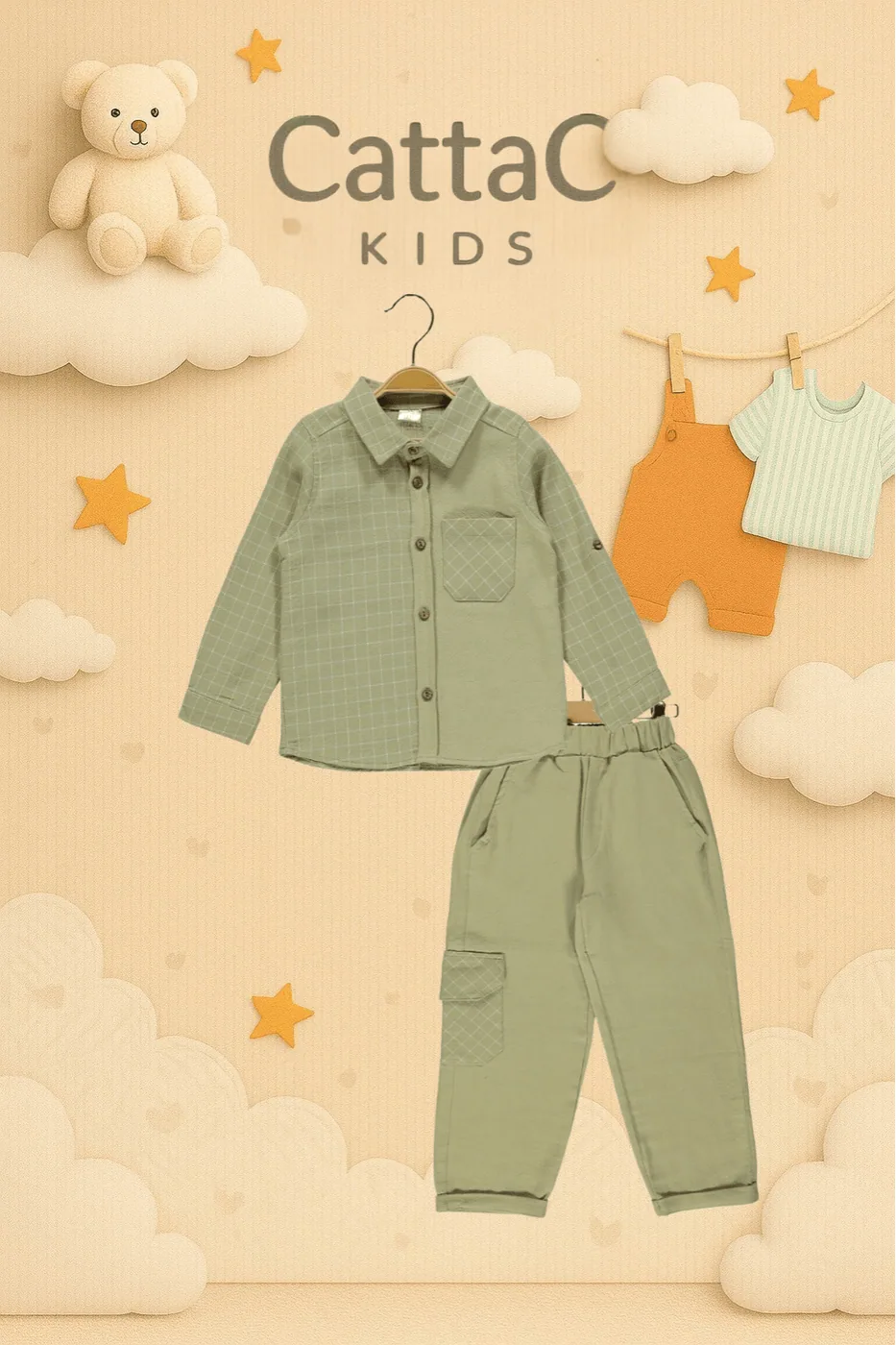 Cattac Kids Erkek Çocuk 3'lü Takım | Yeşil Ceketli Tişört ve Çizgili Pantolon | %100 Pamuk